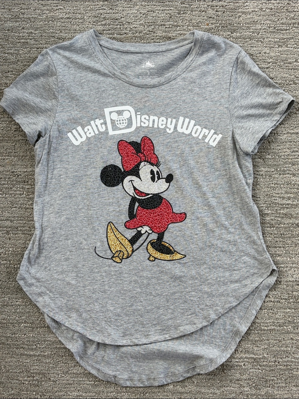 Disney Gray Minnie Mouse Tee with Red Bow and Gold Shoes
